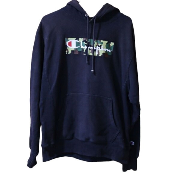 Champion Reverse Weave Vintage Y2K 90s Black & Camo Logo Hoodie LG - Picture 1 of 12